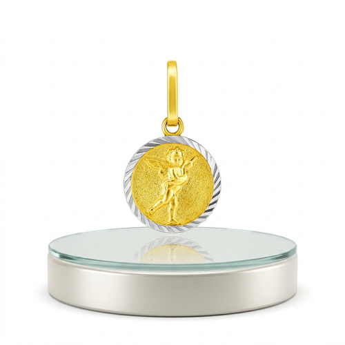 14k Two Tone Gold Small Round Textured Religious Medal Pendant